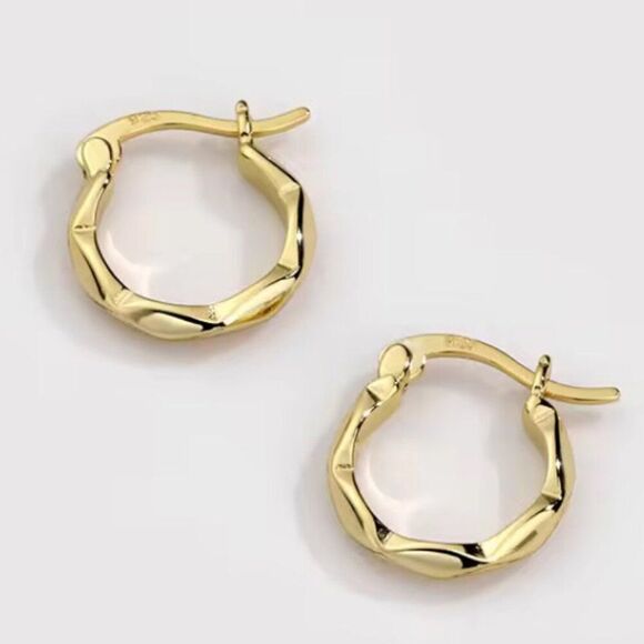 COPY - Gold Geometric Hammered Hoop Earrings. 925 Sterling Silver. #1070 - Picture 2 of 6